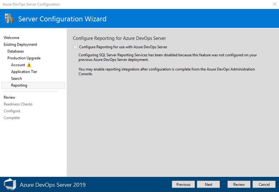 DevOps Server configuration Enable reporting