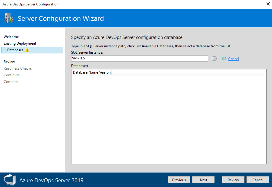 DevOps Server configuration wizard page 3 choose old sql database