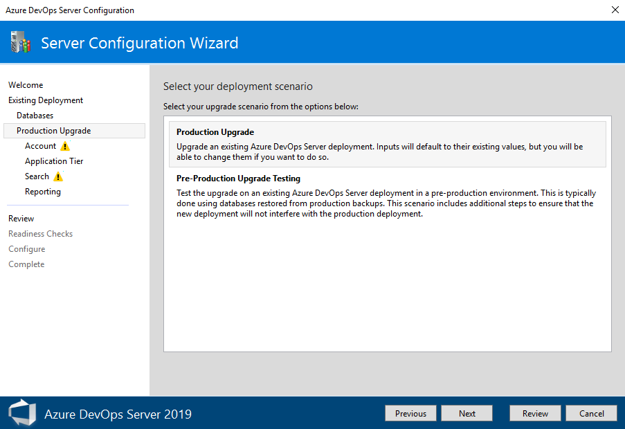 DevOps Server configuration wizard page 4 Choose deployment type