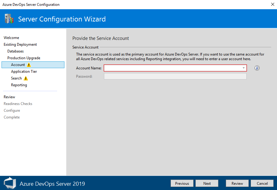 DevOps Server configuration wizard page 5 Create service account