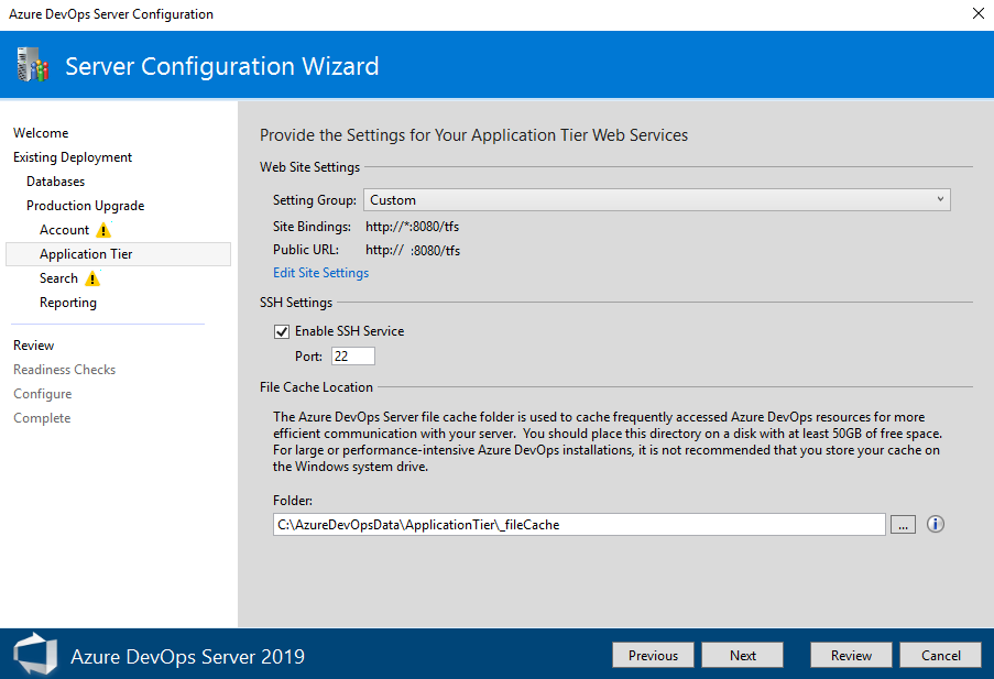 DevOps Server configuration wizard page 6 Choose web site settings