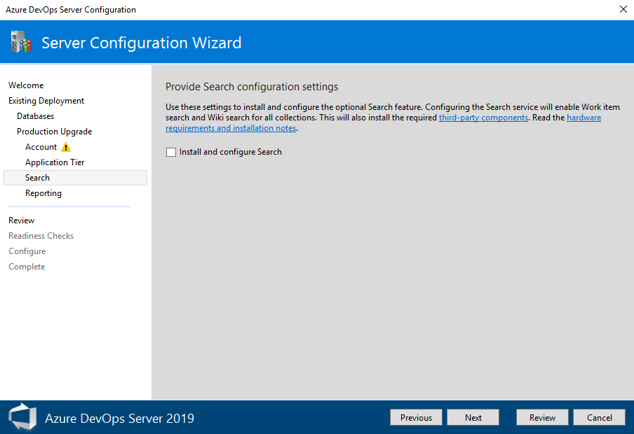 DevOps Server configuration wizard page 7 enable search